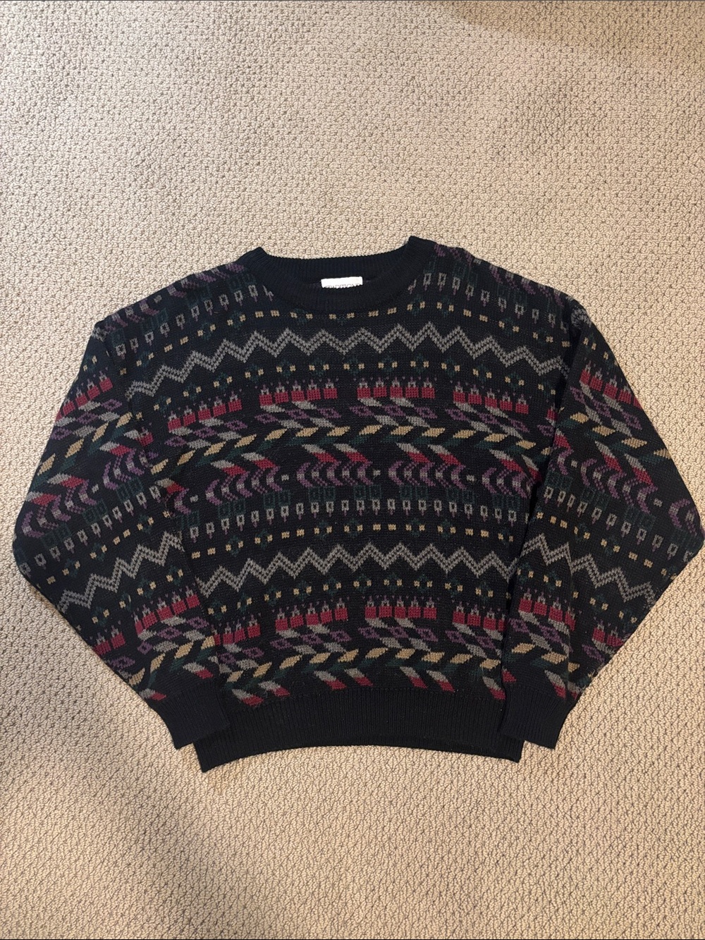 Vintage Patterned Dad Grandpa Cosby Style Knit Sweater 90s Wool Blend Black